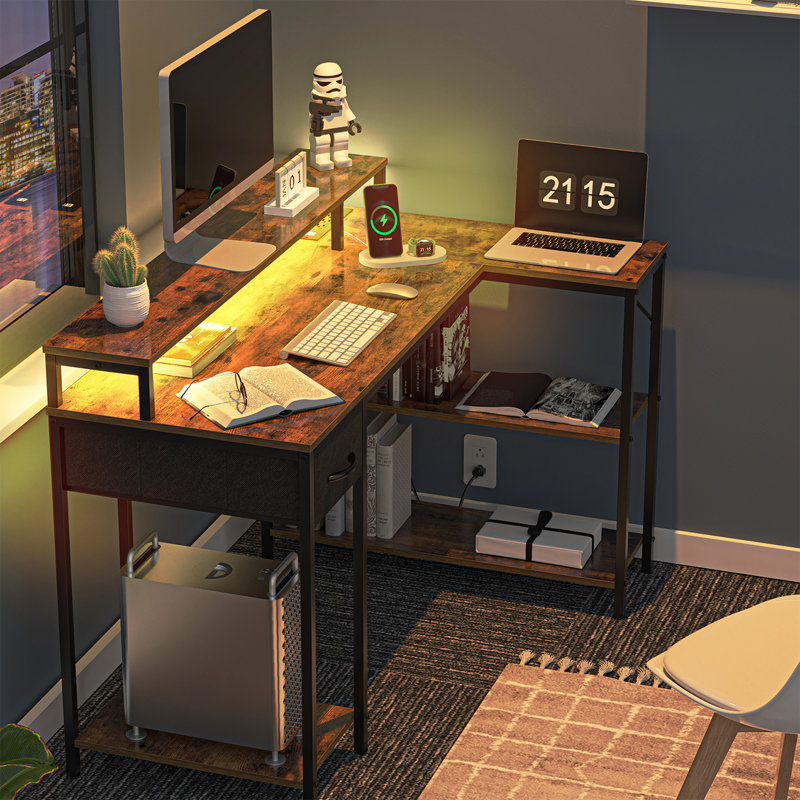 Coolbrook Gaming Desk with LED Lights L Shaped Desk with Power Outlets Computer Desk with Storage Writing Desk with Monitor Stand Home Office Desk